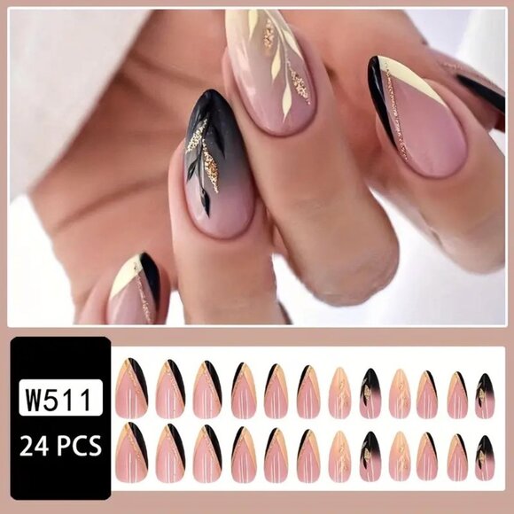 Nails Black Gold Glitter Leaf Press On 24 Stylish Tremdy French Glam Reusable - Picture 2 of 5